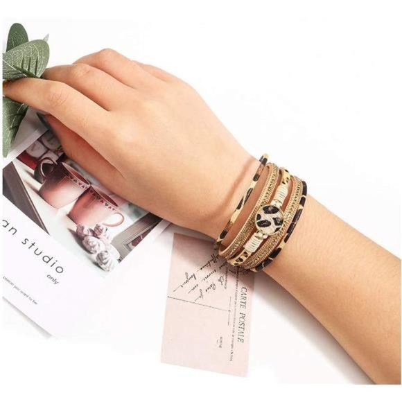 Leopard Bracelet for Women, Boho Leather Wrap Multi-Layer Pearl Crystal Bracelet - Picture 3 of 6